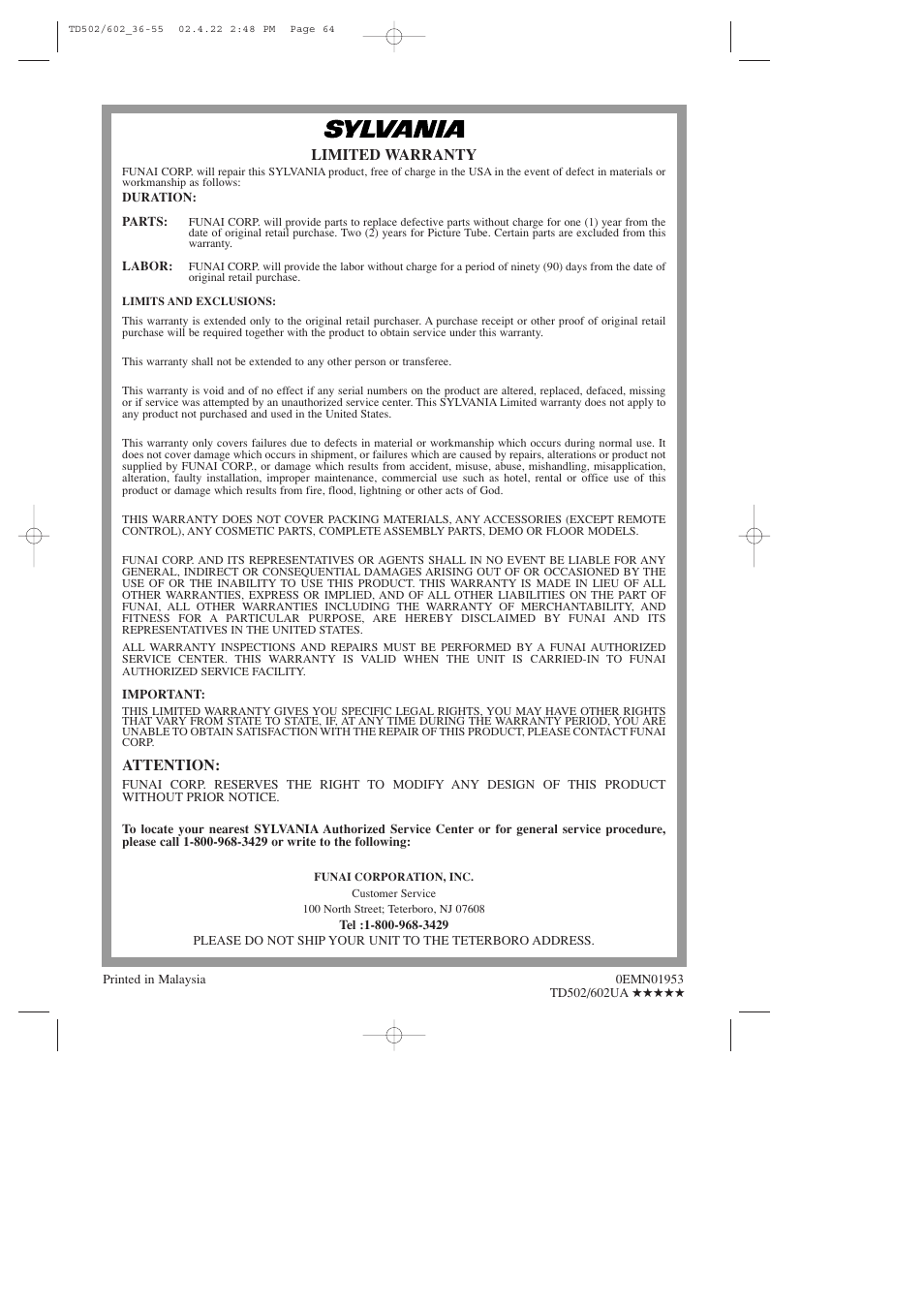Limited warranty, Attention | Sylvania 19 Inch SSC719C User Manual | Page 64 / 64