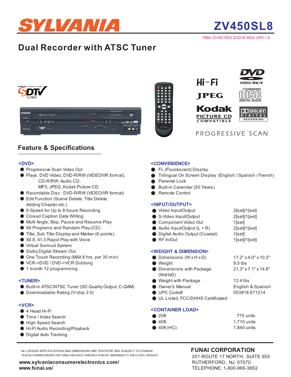 Sylvania ZV450SL8 User Manual | 1 page