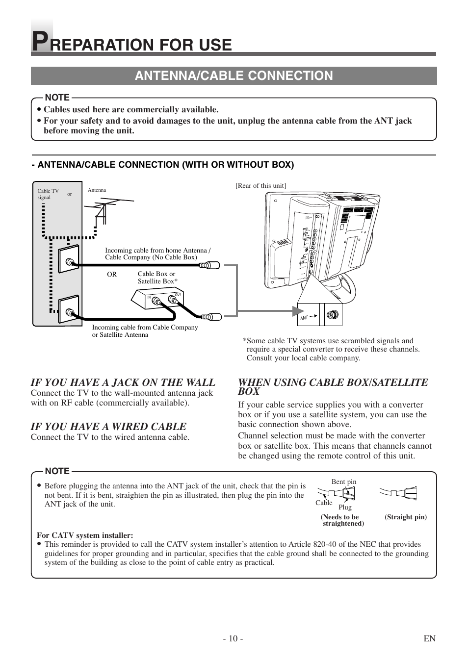 Reparation for use, Antenna/cable connection, If you have a jack on the wall | If you have a wired cable, When using cable box/satellite box, Connect the tv to the wired antenna cable, Cables used here are commercially available, Antenna/cable connection (with or without box) | Sylvania SSL15D5 User Manual | Page 10 / 48