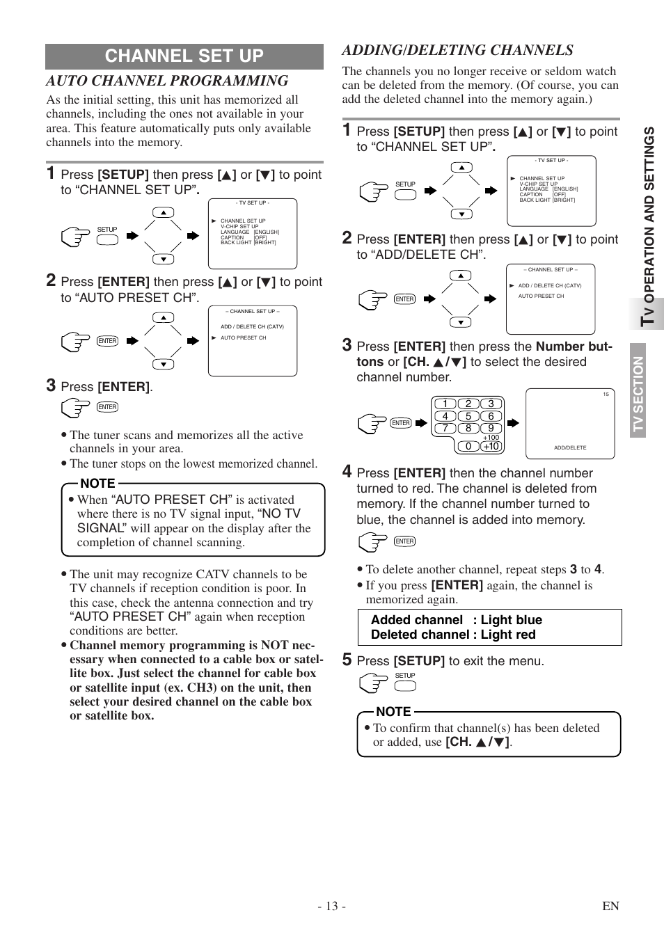 Channel set up, Auto channel programming, Adding/deleting channels | Sylvania SSL15D5 User Manual | Page 13 / 48