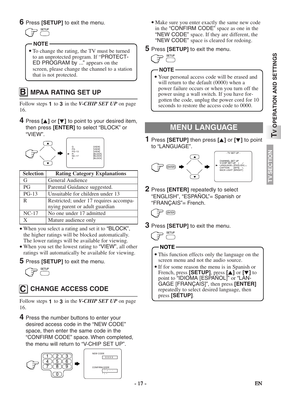 Menu language, Mpaa rating set up, Change access code | Sylvania SSL15D5 User Manual | Page 17 / 48