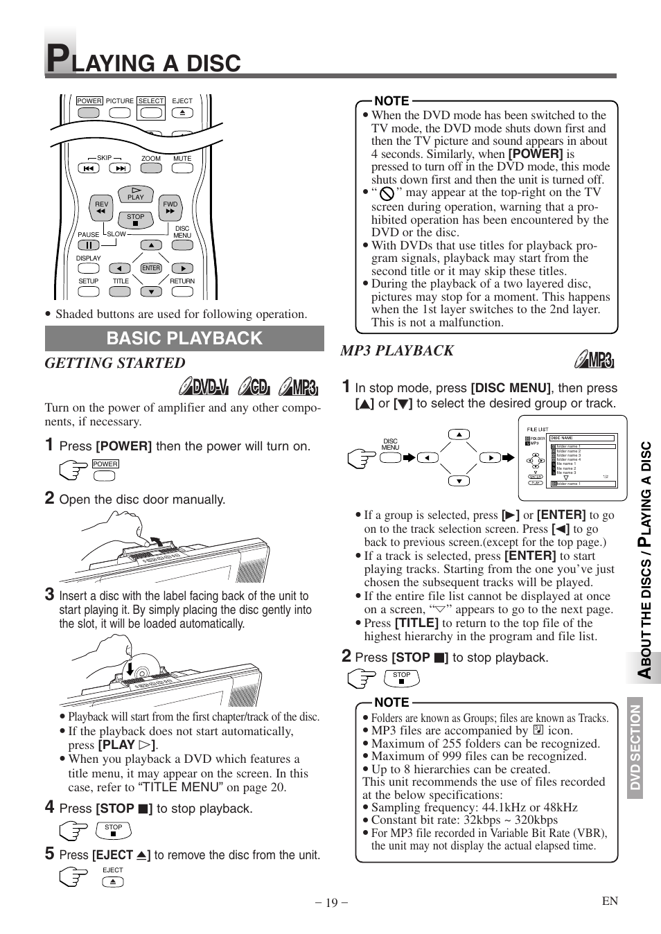 Laying a disc, Basic playback, Getting started | Mp3 playback | Sylvania SSL15D5 User Manual | Page 19 / 48