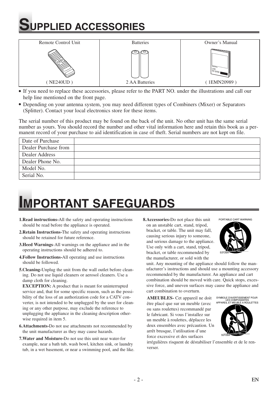 Mportant safeguards, Upplied accessories | Sylvania SSL15D5 User Manual | Page 2 / 48