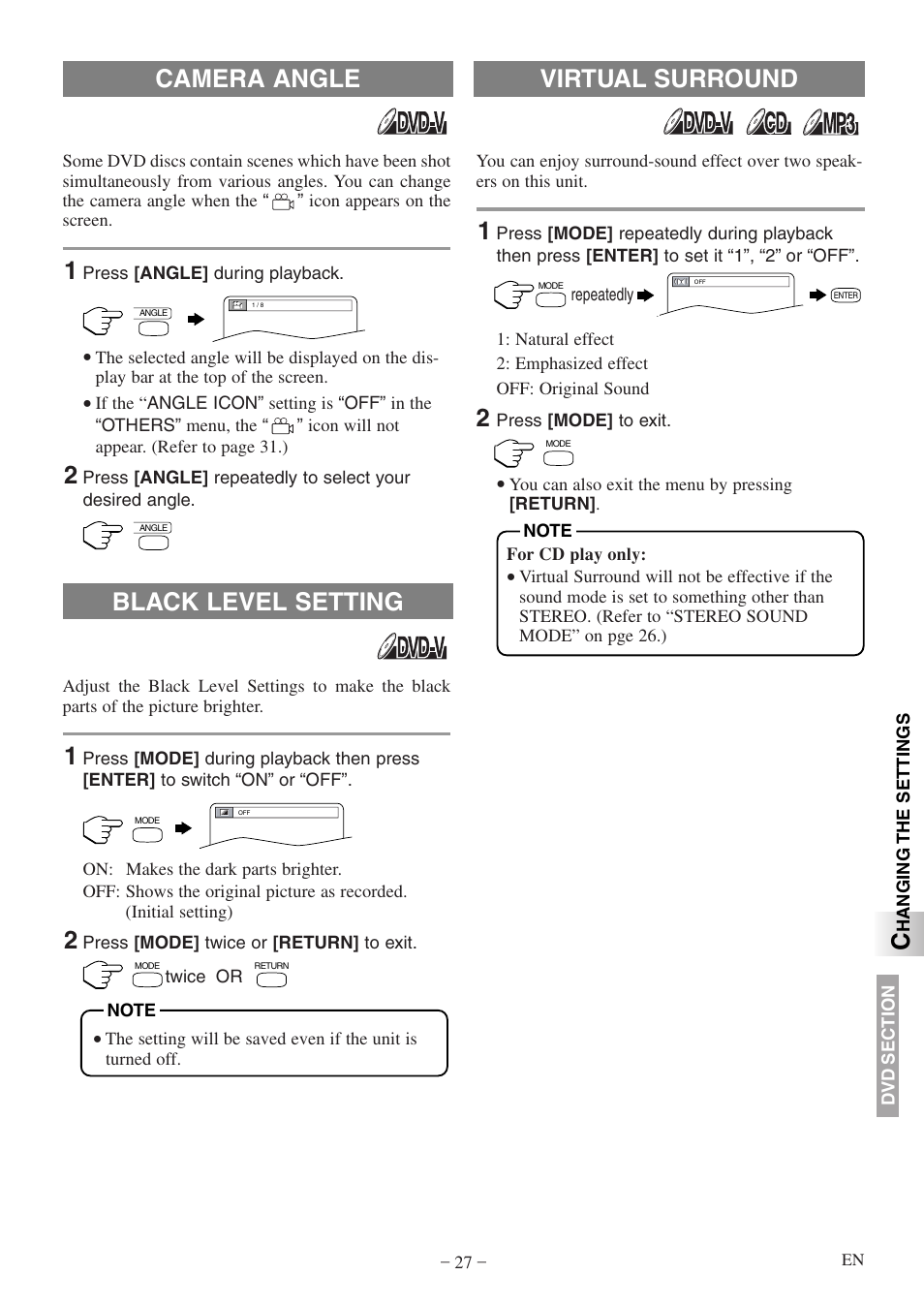 Virtual surround, Black level setting, Camera angle | Sylvania SSL15D5 User Manual | Page 27 / 48