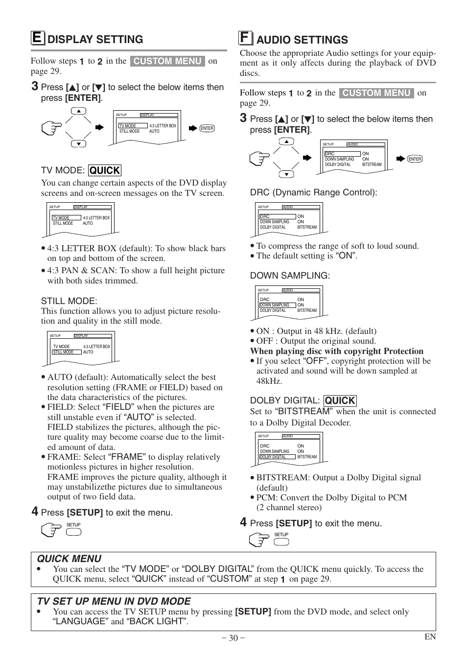 Display setting, Audio settings, Quick | Tv set up menu in dvd mode, Quick menu | Sylvania SSL15D5 User Manual | Page 30 / 48