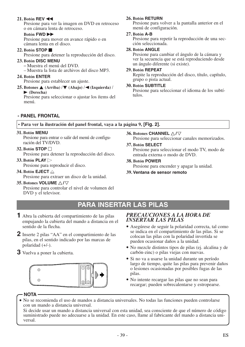 Para insertar las pilas 1, Precauciones a la hora de insertar las pilas | Sylvania SSL15D5 User Manual | Page 39 / 48