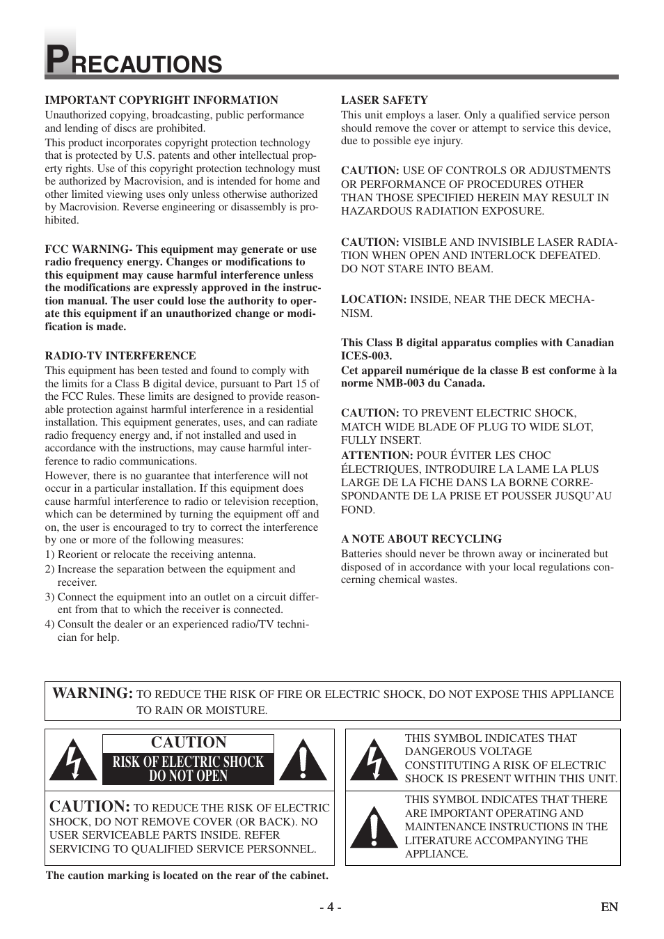 Recautions, Caution, Caution risk of electric shock do not open | Sylvania SSL15D5 User Manual | Page 4 / 48