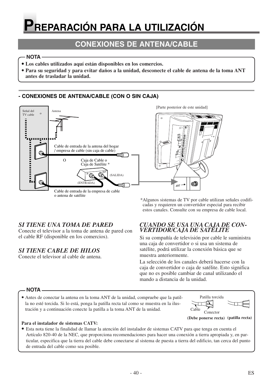 Reparación para la utilización, Conexiones de antena/cable, Si tiene una toma de pared | Si tiene cable de hilos, 40 - es, Conecte el televisor al cable de antena, Conexiones de antena/cable (con o sin caja), Nota | Sylvania SSL15D5 User Manual | Page 40 / 48