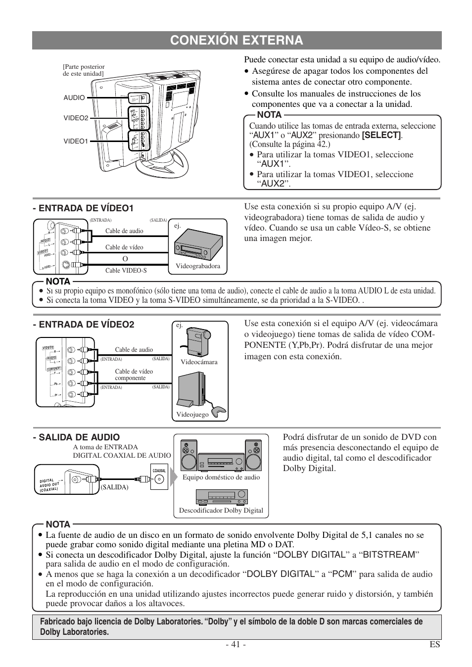 Conexión externa, Salida de audio, Para utilizar la tomas video1, seleccione “aux1 | Sylvania SSL15D5 User Manual | Page 41 / 48