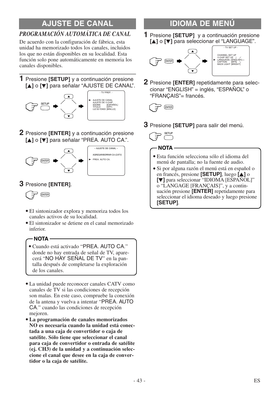 Ajuste de canal, Idioma de menú, Programación automática de canal | Sylvania SSL15D5 User Manual | Page 43 / 48