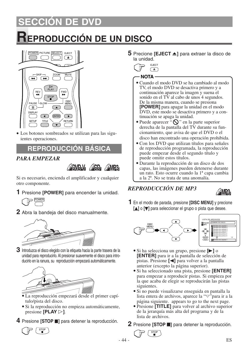 Sección de dvd, Eproducción de un disco, Reproducción básica | Para empezar, Reproducción de mp3 | Sylvania SSL15D5 User Manual | Page 44 / 48