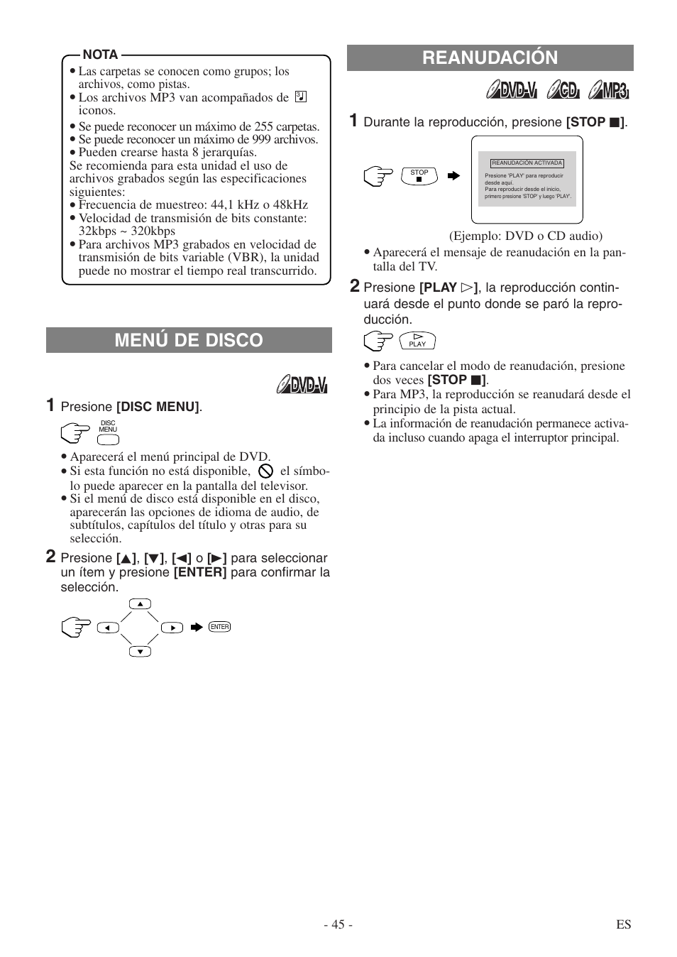 Reanudación menú de disco | Sylvania SSL15D5 User Manual | Page 45 / 48