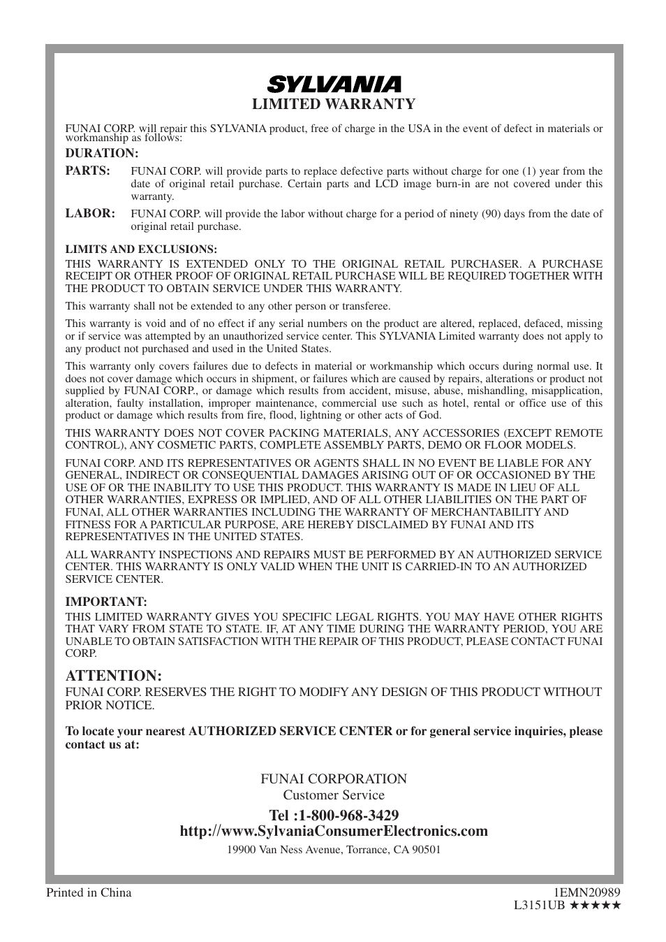 Limited warranty, Attention | Sylvania SSL15D5 User Manual | Page 48 / 48