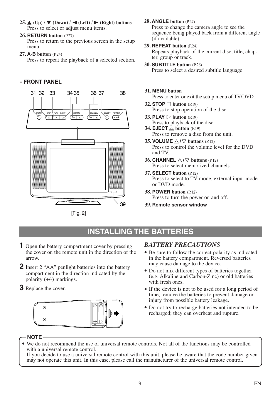 Installing the batteries 1, Battery precautions | Sylvania SSL15D5 User Manual | Page 9 / 48