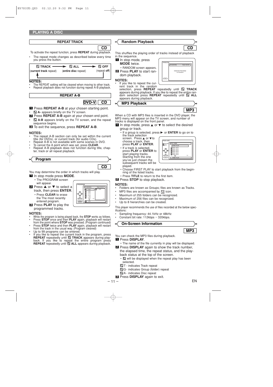 Cd dvd-v, On-screen information, Mp3 playback | Program – 11, Playing a disc, Random playback | Sylvania DVL700D User Manual | Page 11 / 20