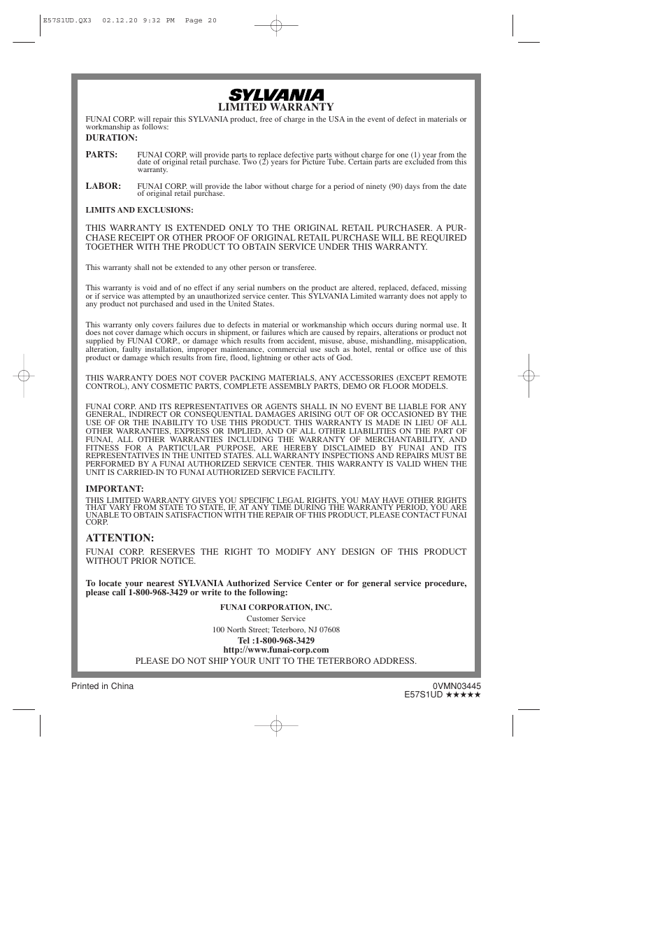 Sylvania DVL700D User Manual | Page 20 / 20