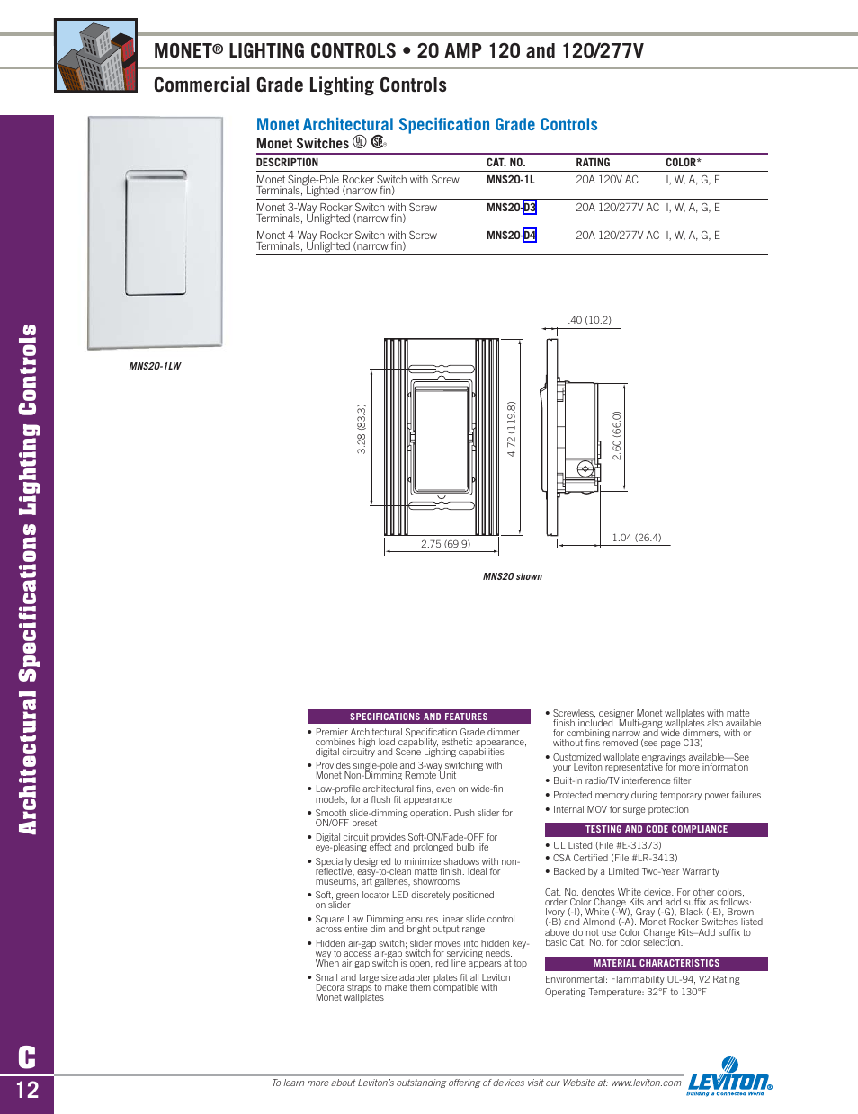 Architectural specifications lighting controls, Monet, Monet architectural specification grade controls | Sylvania D3208 User Manual | Page 12 / 34