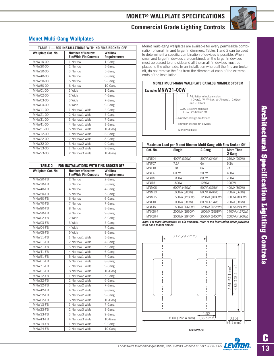 Monet, Renoir, Architectural specification lighting controls | Monet multi-gang wallplates, Mnw31-00w | Sylvania D3208 User Manual | Page 13 / 34