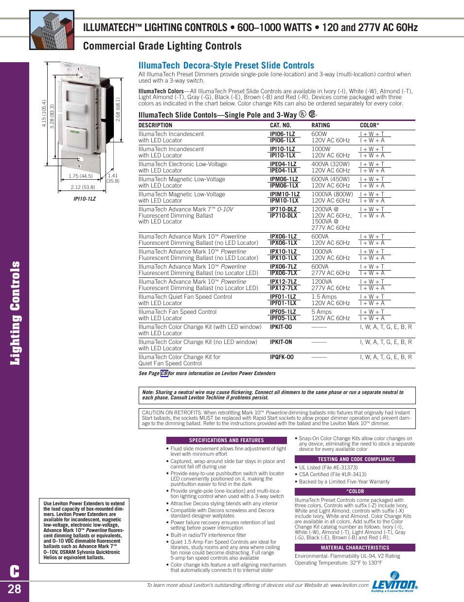 Illumatech, Decora preset slide controls ............. c28, Lighting controls | Illumatech decora-style preset slide controls | Sylvania D3208 User Manual | Page 28 / 34