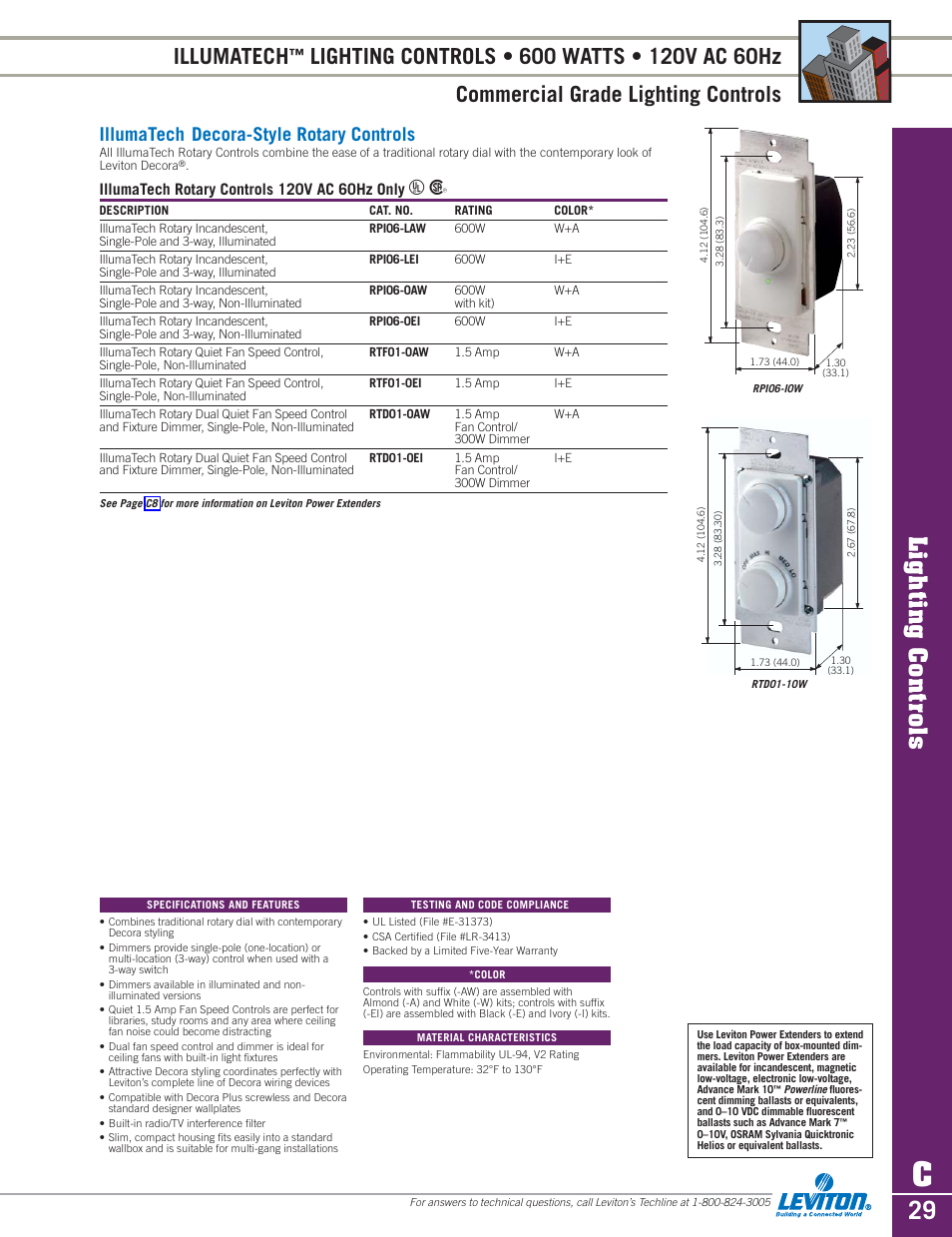 Illumatech, Decora rotary controls...................... c29, Lighting controls | Illumatech decora-style rotary controls | Sylvania D3208 User Manual | Page 29 / 34