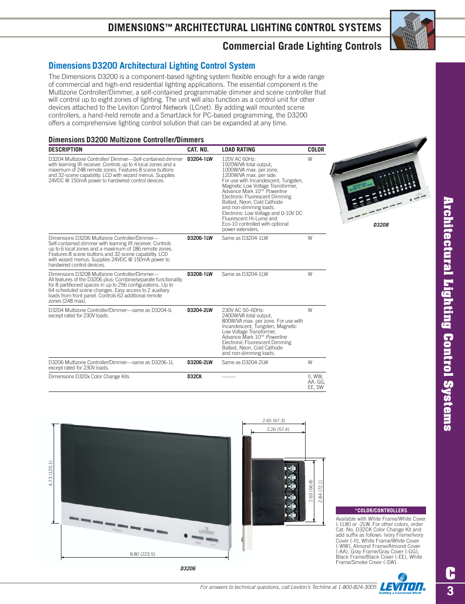 Architectural lighting control systems, Dimensions | Sylvania D3208 User Manual | Page 3 / 34