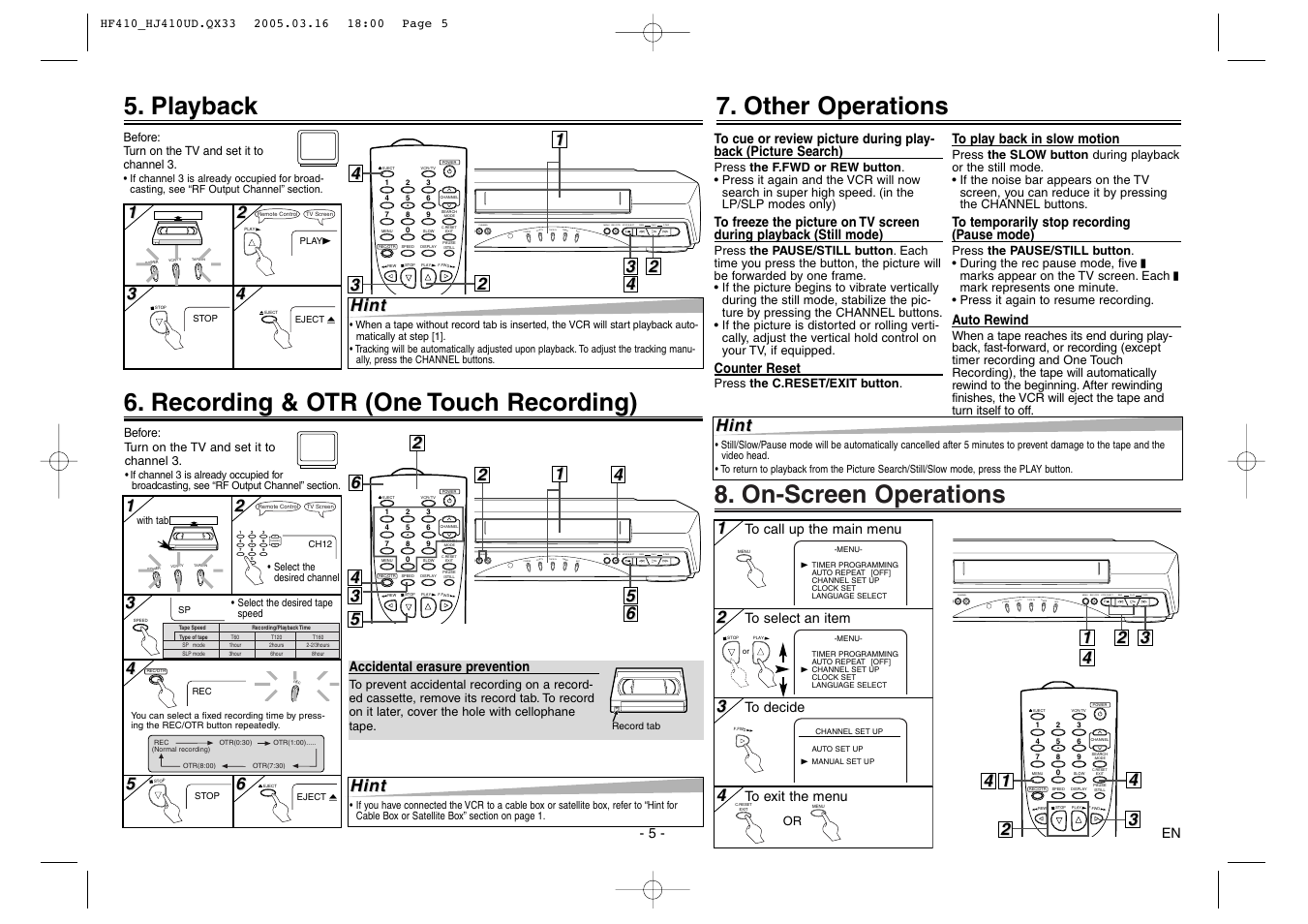 On-screen operations, Recording & otr (one touch recording), Playback | Other operations, Channel, 4hint hint, Hint | Sylvania 6260VE User Manual | Page 5 / 8