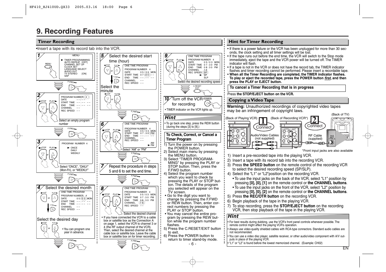 Recording features, Hint, 6 - en | Insert a tape with its record tab into the vcr, Select the desired month select the desired day, Turn off the vcr for recording, Connect | Sylvania 6260VE User Manual | Page 6 / 8