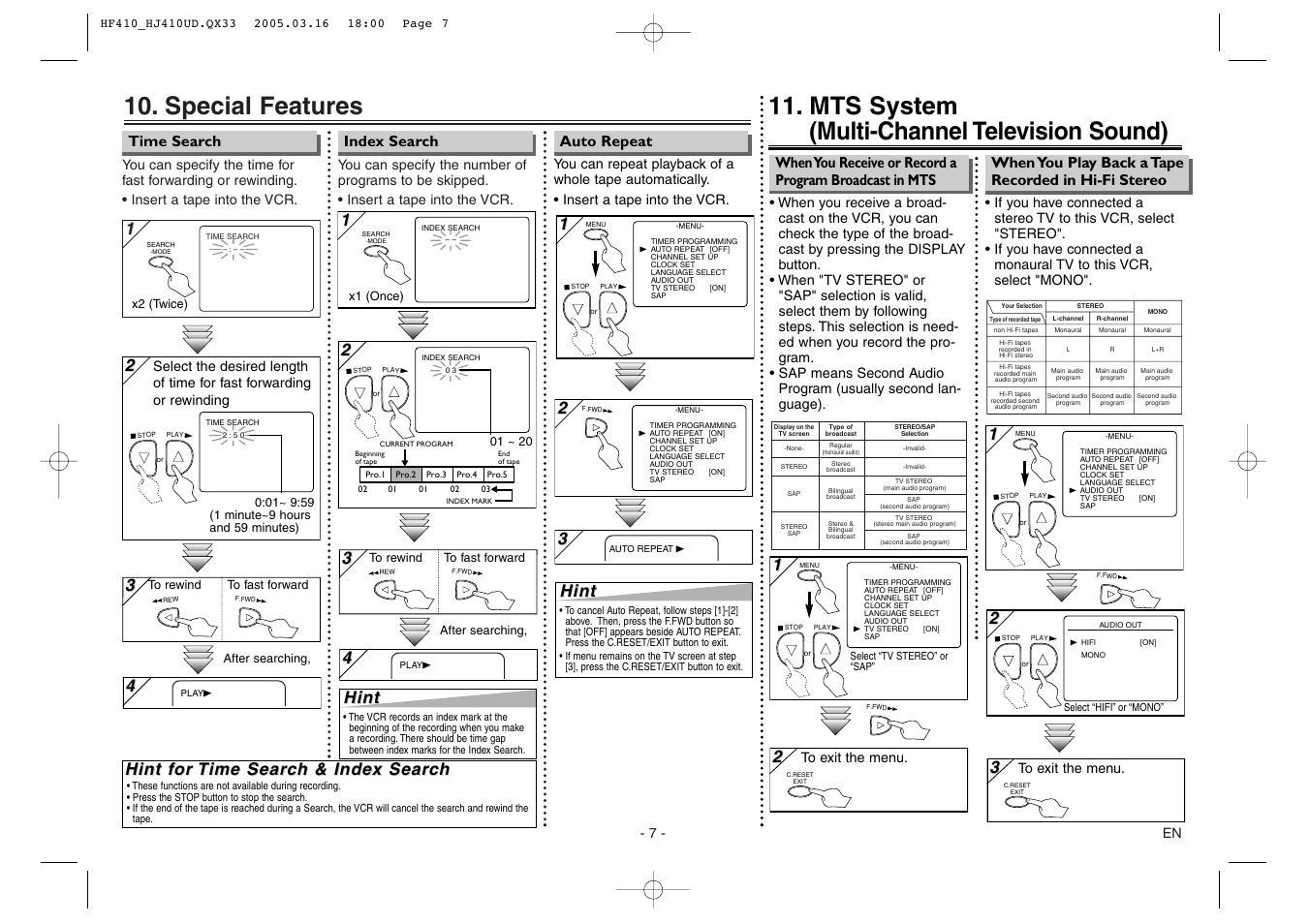 Special features, Mts system (multi-channel television sound), Hint f | Hint | Sylvania 6260VE User Manual | Page 7 / 8