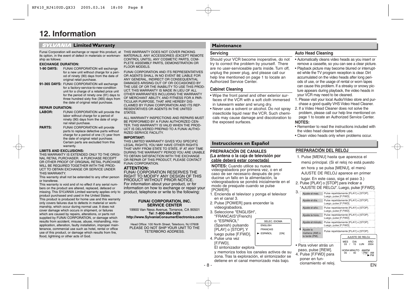 Information, Maintenance instrucciones en español, Limited warranty | Sylvania 6260VE User Manual | Page 8 / 8