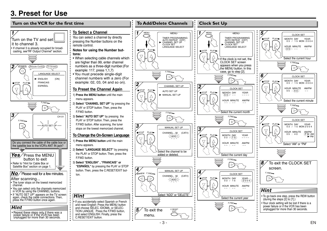 Preset for use, Hint, Yes es | Sylvania 6240VE User Manual | Page 3 / 8