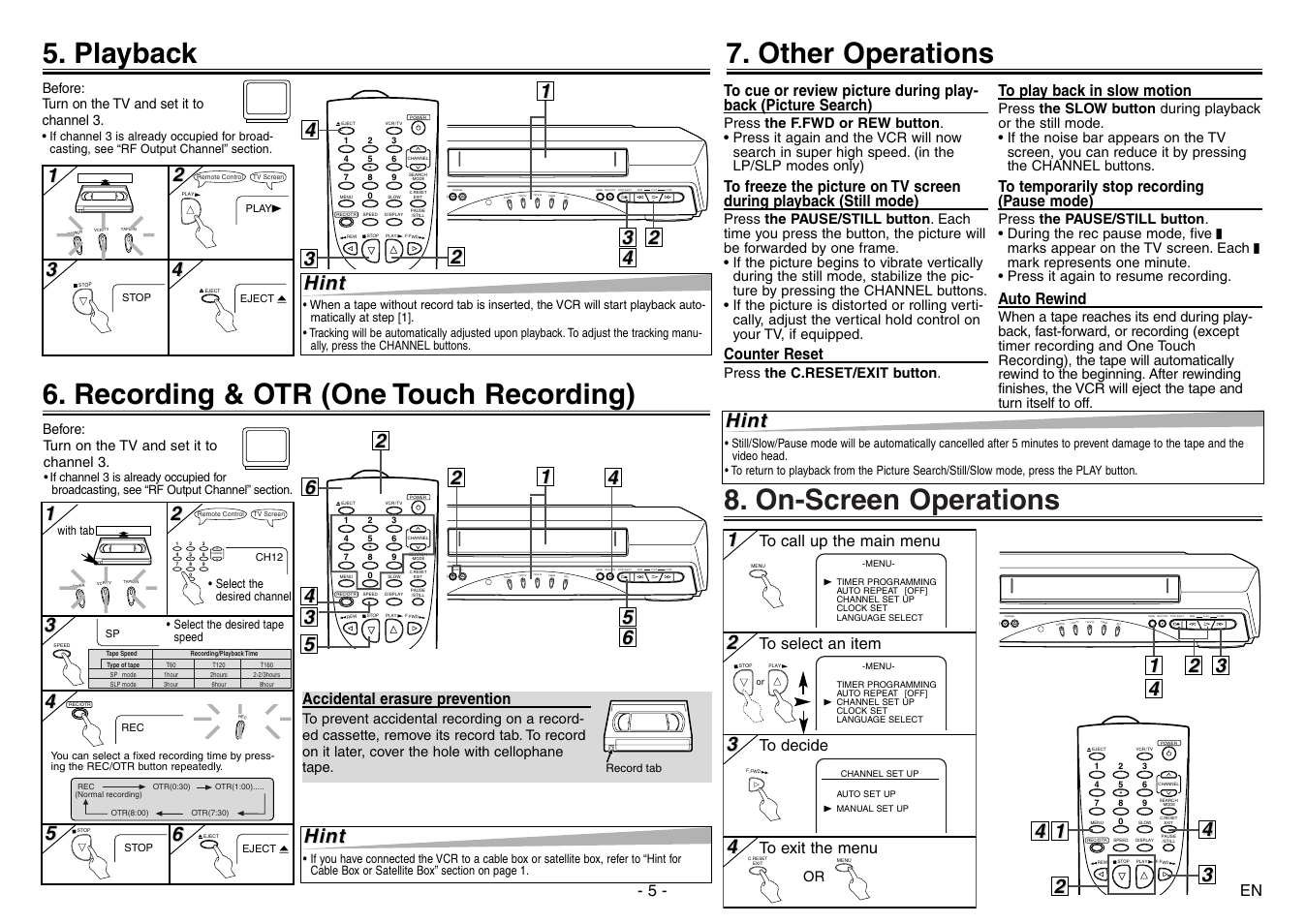 On-screen operations, Recording & otr (one touch recording), Playback | Other operations, 4hint hint, Channel, Hint | Sylvania 6240VE User Manual | Page 5 / 8