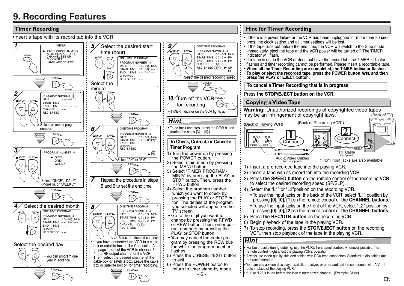 Recording features, Hint | Sylvania 6240VE User Manual | Page 6 / 8