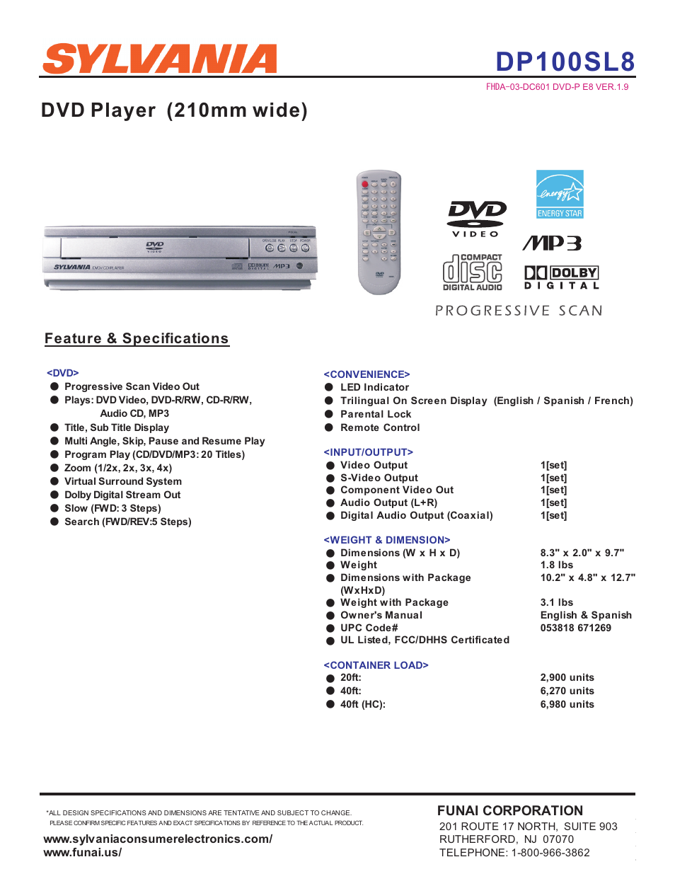 Sylvania DP100SL8 User Manual | 1 page