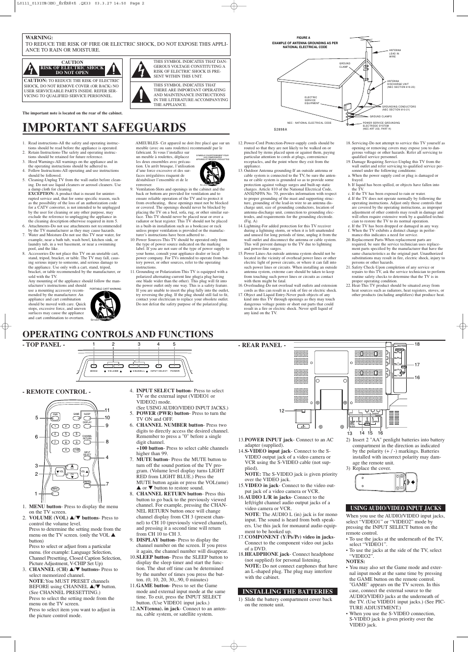 Important safeguards, Operating controls and functions, Rear panel | Installing the batteries, Remote control, Using audio/video input jacks, Top panel | Sylvania 6615LD User Manual | Page 2 / 4