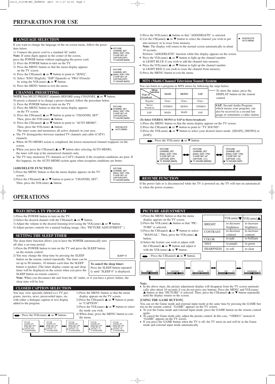 Preparation for use, Operations | Sylvania 6615LD User Manual | Page 3 / 4