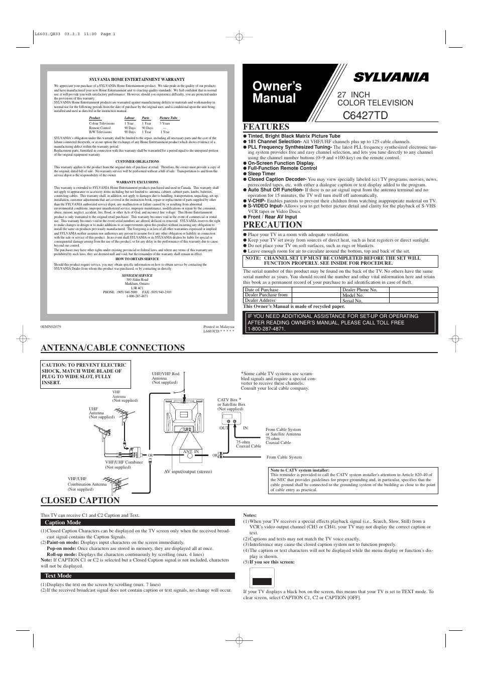 Sylvania C6427TD User Manual | 4 pages