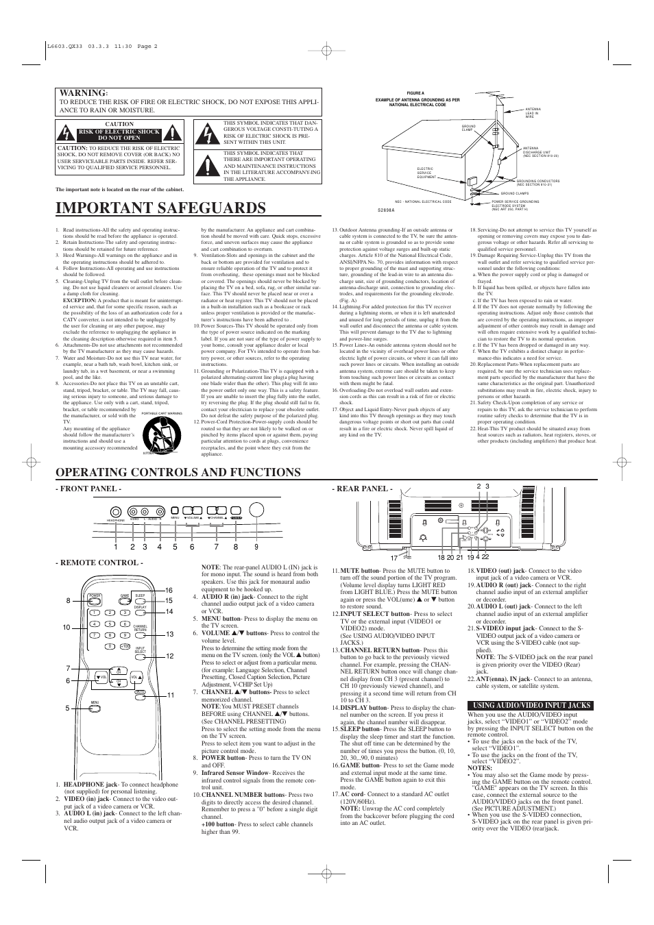 Important safeguards, Operating controls and functions, Warning | Sylvania C6427TD User Manual | Page 2 / 4