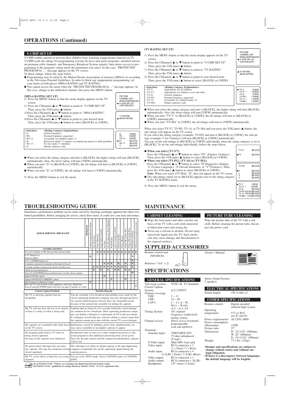Specifications operations (continued), Troubleshooting guide, Maintenance | Supplied accessories, Owner’s manual | Sylvania C6427TD User Manual | Page 4 / 4