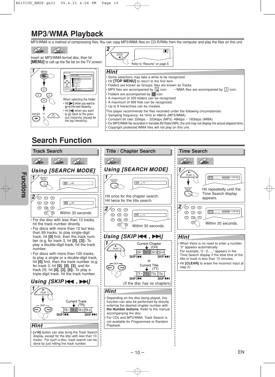 Search function, Mp3/wma playback, Functions | Using [search, Using [search mode] mode, Using [skip, Hint, Time search, Track search, Title / chapter search | Sylvania DVL515SK User Manual | Page 10 / 20