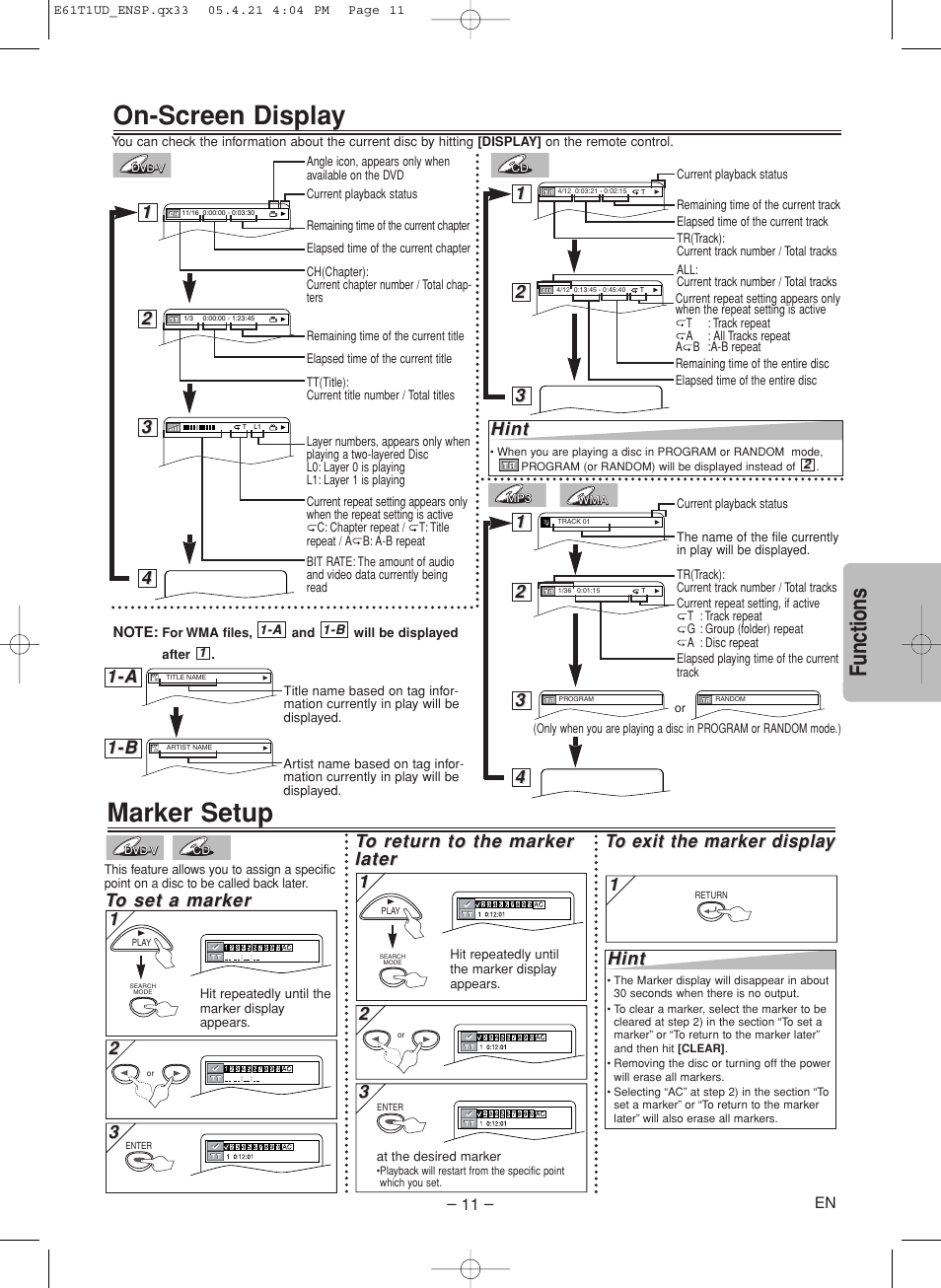 Marker setup, On-screen display, Functions | Hint, A 1-b 1-b | Sylvania DVL515SK User Manual | Page 11 / 20