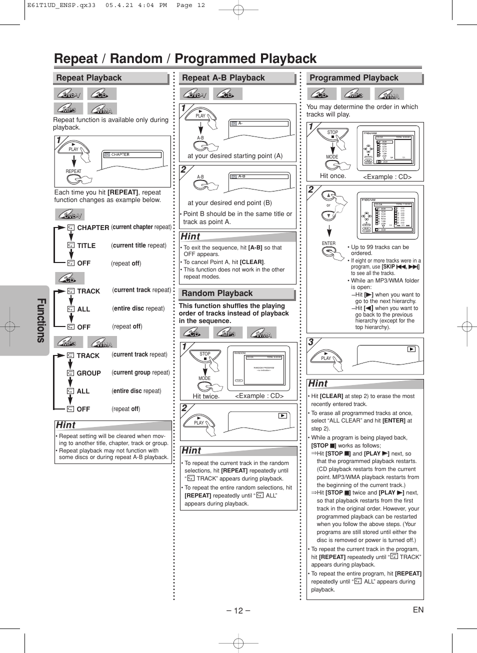 Repeat / random / programmed playback, Functions, Hint | Random playback | Sylvania DVL515SK User Manual | Page 12 / 20