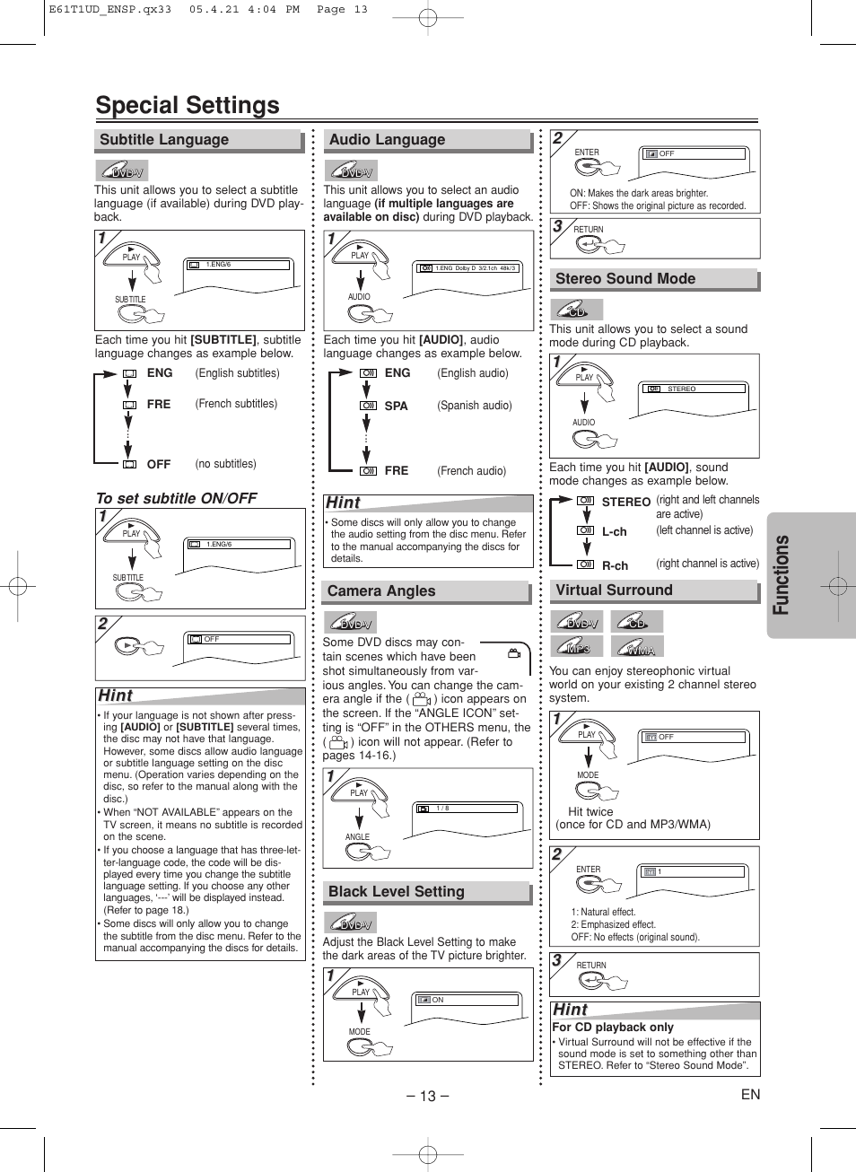 Special settings, Functions, Hint | Sylvania DVL515SK User Manual | Page 13 / 20