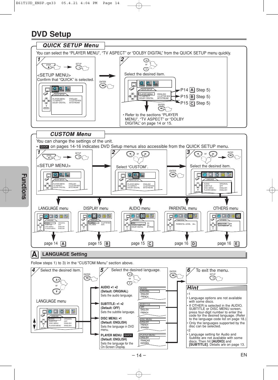 Dvd setup, Functions, Cust | Cust om men om men u u, Hint, Quick setup men uick setup men u u, Language setting, Setup menu, Language menu audio menu display menu others menu, Language menu | Sylvania DVL515SK User Manual | Page 14 / 20