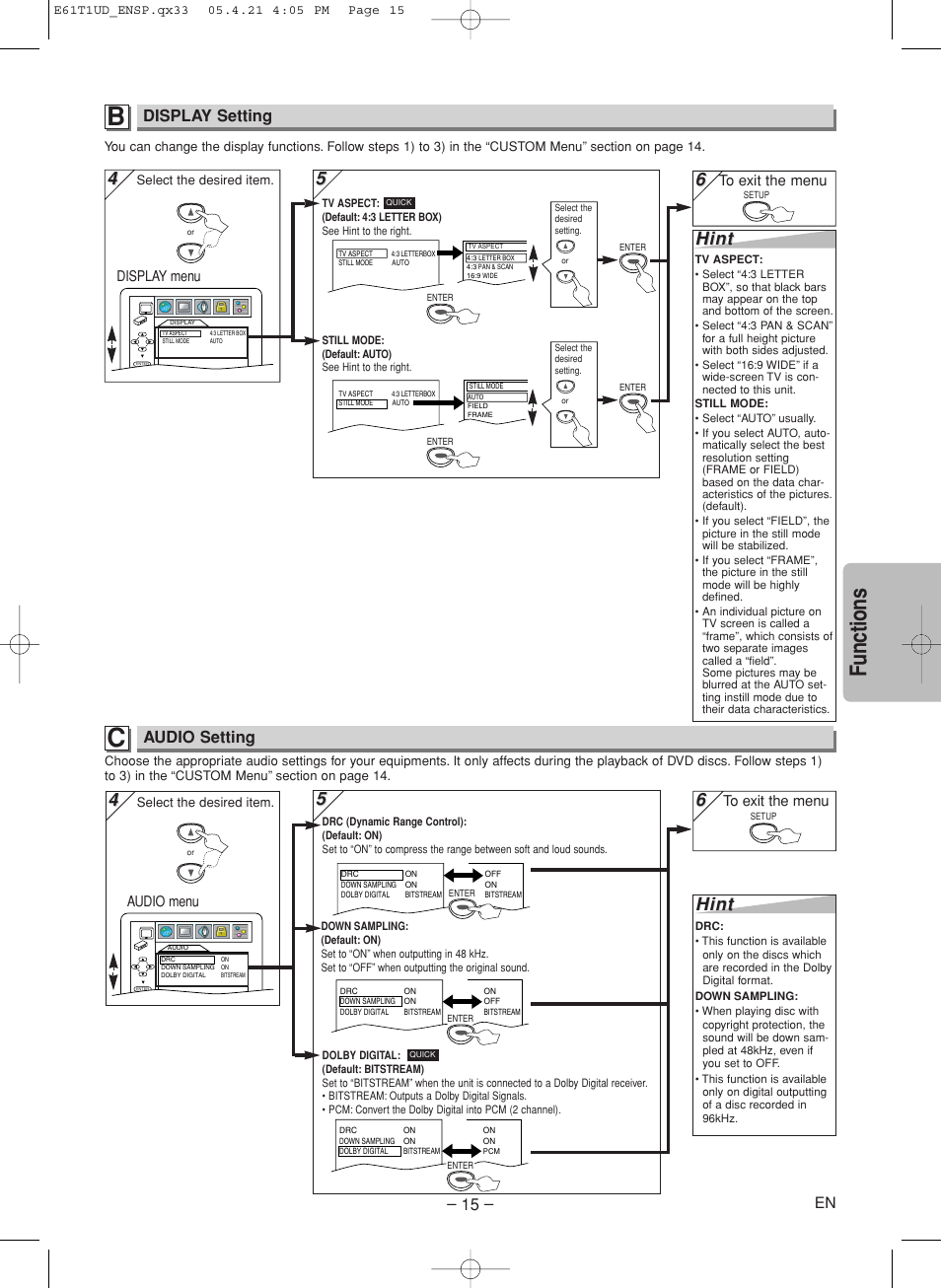 Functions, Hint, Display setting | Audio setting | Sylvania DVL515SK User Manual | Page 15 / 20