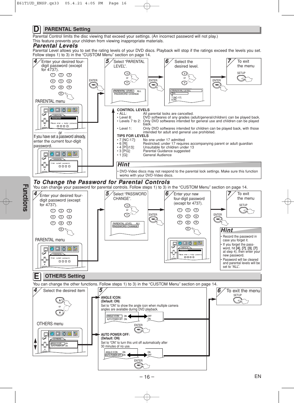 Functions, Hint, Parental arental le le vels vels | Parental setting, Others setting | Sylvania DVL515SK User Manual | Page 16 / 20