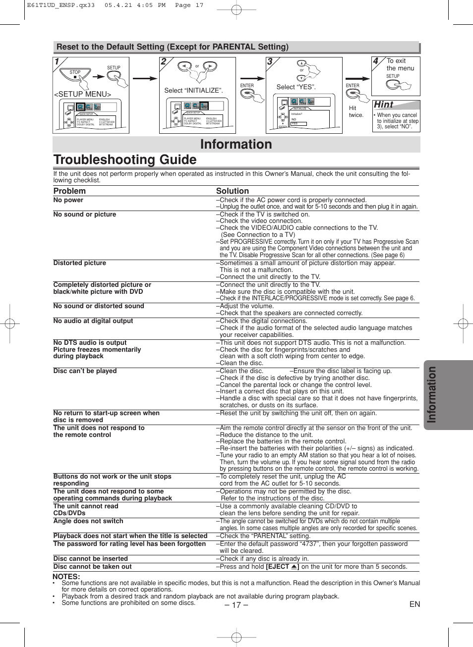 Troubleshooting guide, Information, Inf ormation | Hint, Problem solution | Sylvania DVL515SK User Manual | Page 17 / 20