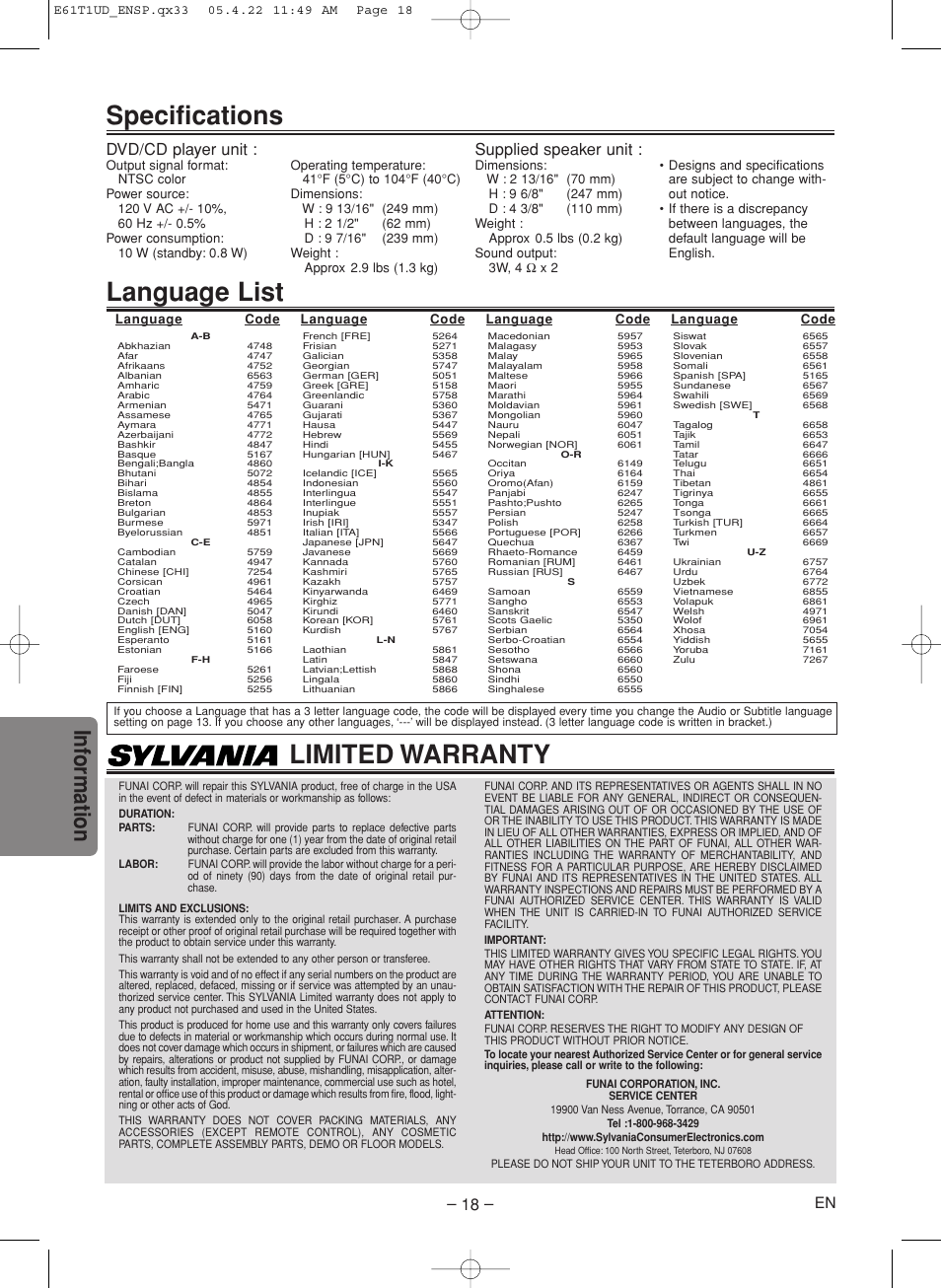 Language list, Specifications, Limited warranty | Inf ormation, Dvd/cd player unit, Supplied speaker unit | Sylvania DVL515SK User Manual | Page 18 / 20