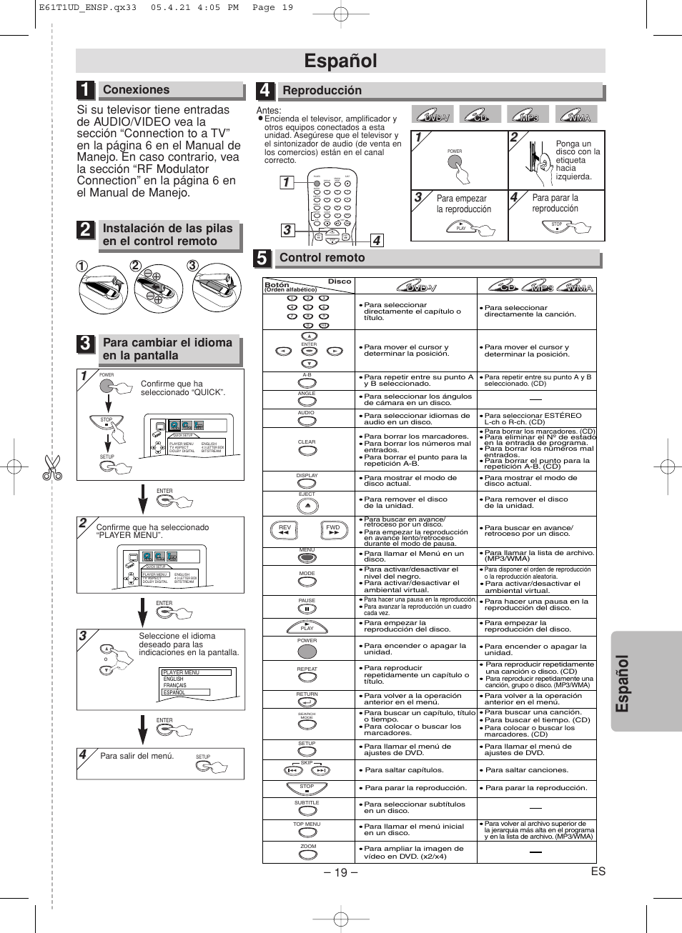 Español, Espa ñ ol, Conexiones | Para cambiar el idioma en la pantalla, Reproducción, Control remoto, Instalación de las pilas en el control remoto, Antes | Sylvania DVL515SK User Manual | Page 19 / 20