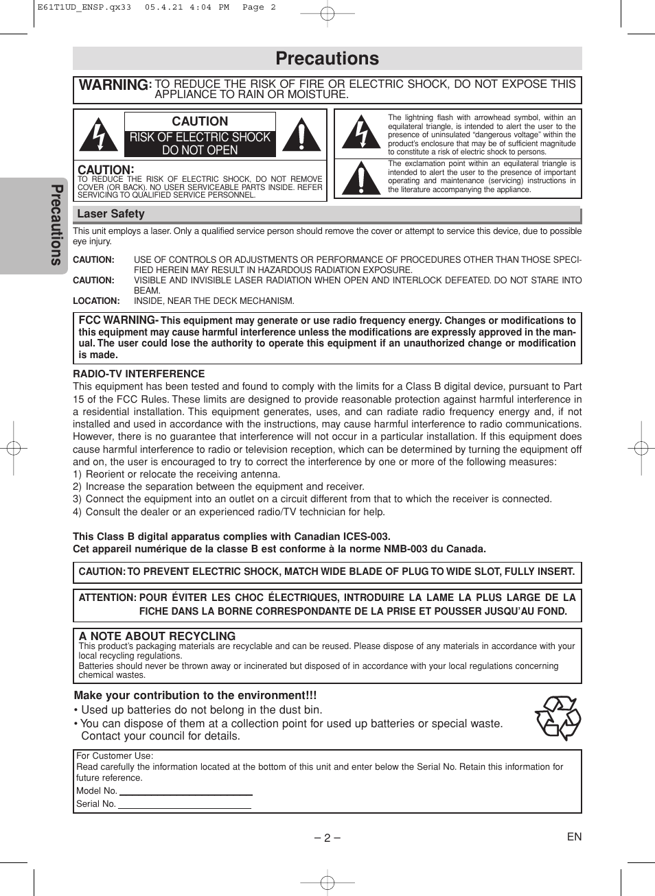 Precautions, Warning | Sylvania DVL515SK User Manual | Page 2 / 20