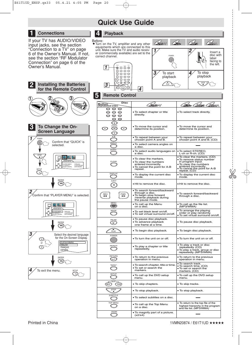 Quick use guide, Connections, Playback | Remote control, Installing the batteries for the remote control, Printed in china, Before | Sylvania DVL515SK User Manual | Page 20 / 20